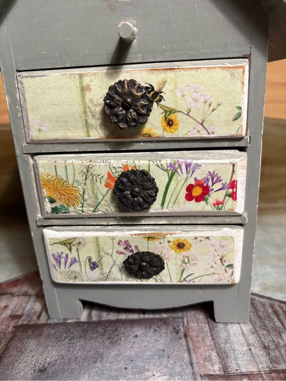 Sage green Wooden Birdhouse-Style Mini Jewelry Box with Floral Drawers
